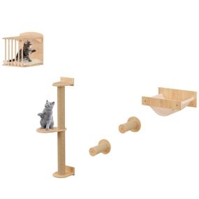 Estantería de pared para gatos de 3 niveles con hamaca, poste y alfombras rascadoras natural