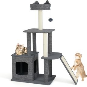 Árbol rascador para gatos de interior con postes de sisal, rampa, caseta y percha acolchada gris