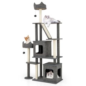 Árbol para gatos 180 cm con postes rascadores, tablero de sisal, escalera y 2 condominios desmontables gris