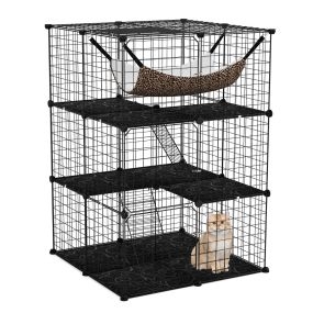 Jaula para gatos de 3 niveles con hamaca, 2 escaleras, 3 puertas y ventana en techo 74 x 74 x 107 cm negro