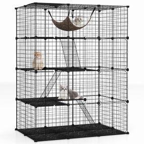 Jaula para Gatos de 4 Niveles con Hamaca 3 Escaleras 4 Puertas y 1 Ventana en el Techo 109,5 x 74,5 x 143 cm Negro