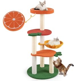 Árbol para gatos estilo fruta de 99,5 cm con múltiples niveles, perchero acolchado, cesta rotatable y postes de sisal