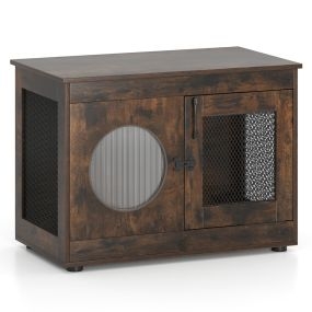 Mueble de baño para gatos con caja de arena, rejillas metálicas, puerta transparente, 82 x 47 x 60 cm, café
