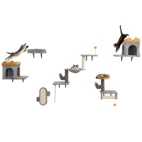 Torre para gatos montada en pared con plataforma de 2 niveles, 2 casetas y rascador gris