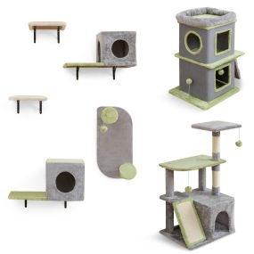 Conjunto de muebles para gatos 3 en 1 con estantes de pared modulares, condominio y árbol, gris