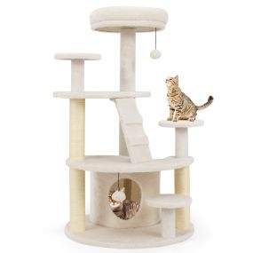 Torre para gatitos multinivel con condominio, percha acolchada, postes para rascar y escalera 64 x 60 x 101 cm blanco