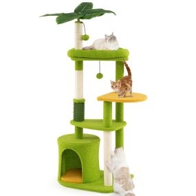 Árbol para gatos de varios niveles con hojas artificiales, condominio, posadero acolchado y postes de sisal verde y naranja