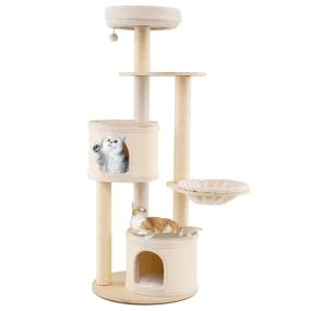 Árbol para gatos con postes de sisal y alfombra, 2 condominios, juguete colgante, cojín lavable, 58 x 152 cm, natural