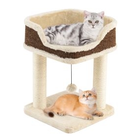 Torre para gatos de 2 niveles con percha de felpa, postes rascadores de sisal y bola colgante beige 38 x 38 x 51 cm