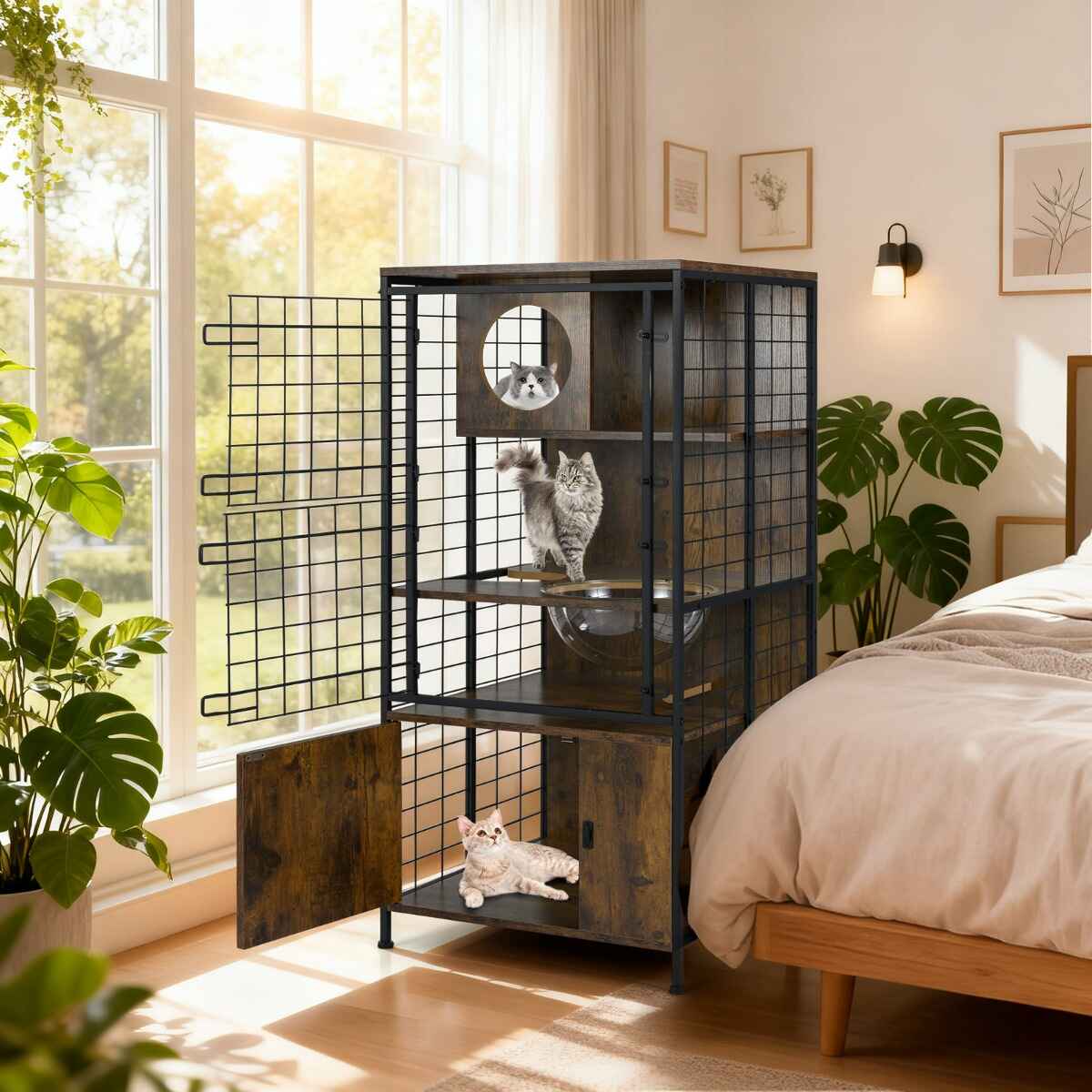 Jaula moderna para gatos torre multinivel metálica marrón con puerta y almohadillas ajustables