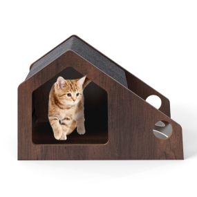 Casa de madera para gatos de interior con comedero, techo desmontable y estructura metálica marrón