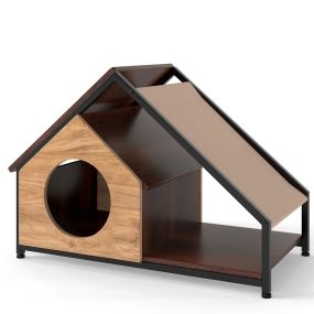 Casa de madera para gatos de interior con porche, techo inclinable desmontable y marco metálico, marrón