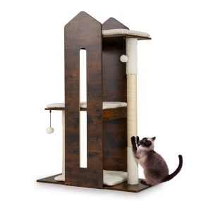 Árbol para gatos de interior 120 cm de madera con poste de sisal y cojines lavables marrón