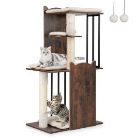 Torre para gatos de interior de madera 112 cm con postes de sisal y cojines marrón
