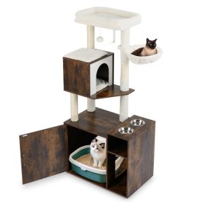 Mueble para arena de gato con torre de escalada, poste rascador y 2 comederos, café