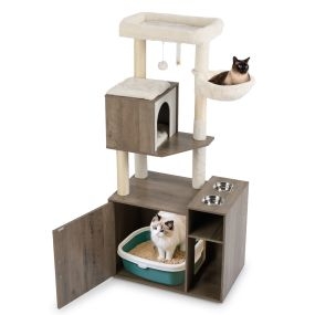 Mueble para arena de gato con torre de escalada, poste rascador y 2 comederos, marrón
