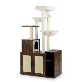 Árbol para gatos con caja de arena cerrada, condo, hamacas, postes rascadores y estación de comida, café