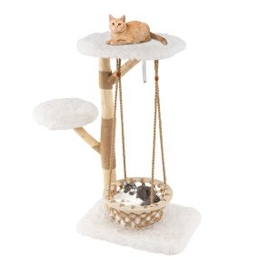 Árbol para gatos moderno con hamaca colgante, ramas de madera, postes rascadores de yute y 2 perchas