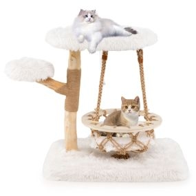Árbol para gatos con cuna colgante, poste rascador de yute y plataforma acolchada natural y blanco