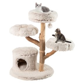 Árbol para gatos de madera con 2 plataformas, rascador de yute, bola colgante, 68 x 102 cm, blanco y natural