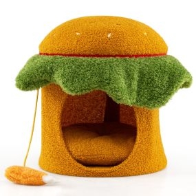 Casa para gatos con parte superior acolchada, juguete colgante y cojín extraíble lavable, naranja y verde