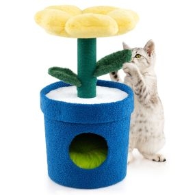 Gato de 3 niveles con mirador superior, condo privado y poste rascador 43 x 43 x 72,5 cm amarillo