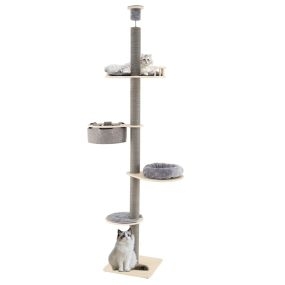 Árbol para gatos de piso a techo ajustable 236-271 cm con plataformas, cojines, hamaca y poste rascador gris