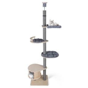 Árbol para gatos de 5 niveles de madera ajustable 236-271 cm con percha y plataformas gris