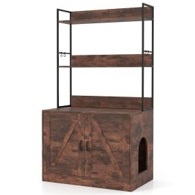 Recinto para caja de arena de gato con armario oculto, 3 niveles, 4 ganchos, 2 puertas, marrón