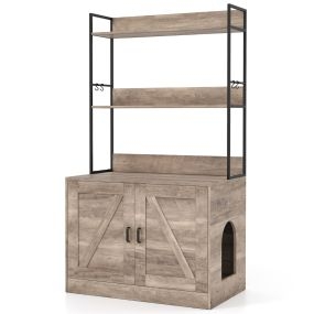 Armario oculto para caja de arena de gato con estantes de 3 niveles, 4 ganchos y 2 puertas, gris