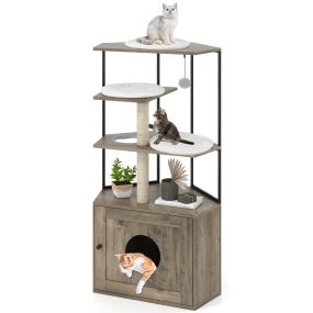 Árbol para gatos con recinto de caja de arena, armario, 2 postes rascadores, 3 alfombras, marco metálico marrón