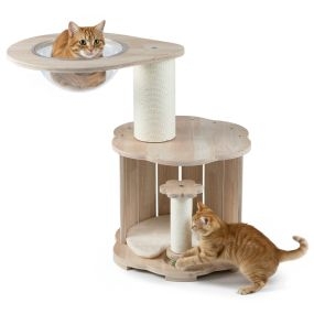 Árbol para gatos de madera 3 niveles con cápsula espacial y postes rascadores 74 cm roble blanco