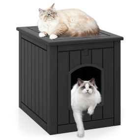 Casa para Gatos Interior y Exterior con Enclosure para Caja de Arena Puerta Frontal Abatible Piso Elevado y Refugio Impermeable Negro