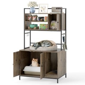 Mueble para arena de gatos con estantes, ganchos y tablero rascador, estructura sólida, marrón