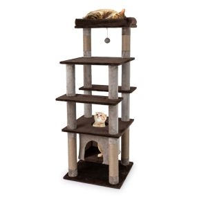 Árbol multinivel para gatos 148 cm con condominio, percha de peluche, postes rascadores y pompón marrón