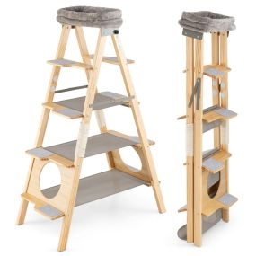 Árbol para gatos de madera plegable de pino macizo 5 niveles con escalera y poste gris