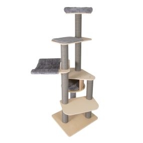 Árbol para gatos de 197 cm con perchero acolchado, postes rascadores, esteras y hamaca gris