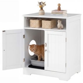 Caja de arena para gato de madera blanca con mueble oculto, alfombrilla y puerta con cerradura