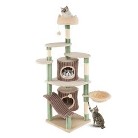 Árbol Grande para Gatos de Interior 163 cm Torre para Gatitos con 2 Condominios Percha de Peluche Cama Postes Rascadores de Sisal Verde