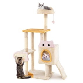 Árbol para gatos de interior multinivel con percha de peluche, postes rascadores de sisal y rampa, amarillo
