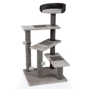 Árbol para gatos 5 niveles con rascadores de sisal y yute, alfombrillas, repisa acolchada, 3 plataformas, pelotas colgantes y resorte gris