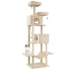 Árbol para gatos de 205 cm con 2 condos, 2 perchas, terciopelo, sisal y cuerda beige