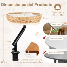Cama hamaca para gatos giratoria 360° de ratán con cojín extraíble y bola colgante sin taladrar