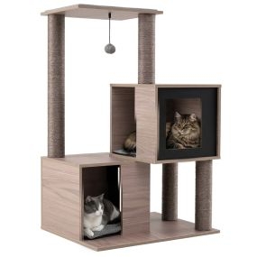 Árbol para gatos moderno de interior 93 cm de madera multinivel con poste de sisal gris y negro