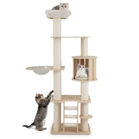 Árbol para gatos de madera 185 cm con condominio, percha, postes rascadores y escalera
