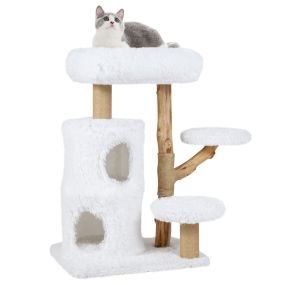 Árbol moderno para gatos de interior de madera real con postes para arañar, 2 pisos, peluche, blanco y natural