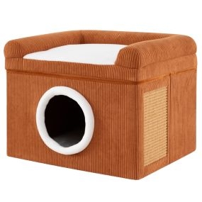 Cama para gatos de interior con cueva, condominio, alfombrilla rascadora de sisal y cojín, marrón