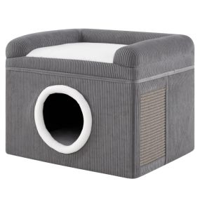 Cama para gatos de interior con cueva, alfombrilla rascadora de sisal y cojín, gris