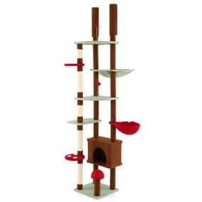 Árbol para gatos de piso a techo altura ajustable con condo, hamaca y cesta colgante giratoria marrón
