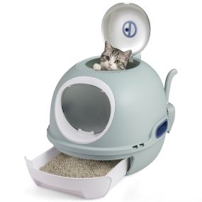 Caja de arena cerrada para gatos con entrada frontal y superior, pala y bandeja, gris